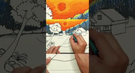 Cómo dibujar colorear Paisaje Casa Montaje Árboles Cielo para niños y niños