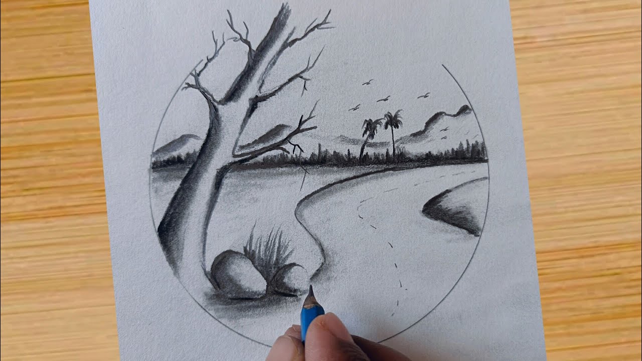 How to draw nature landscape scenery with pencil / step by step drawing ...