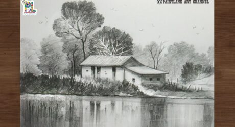 How to draw old house at lake side scenery pencil art || Step by step pencil art tutorial