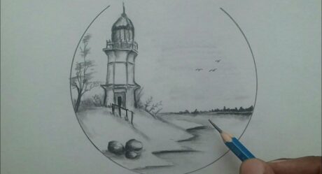 How to draw old tower near beach drawing / drawing step by step with pencil