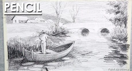 Landscape Drawing in Pencil- A man is fishing from the boat | step by step shading