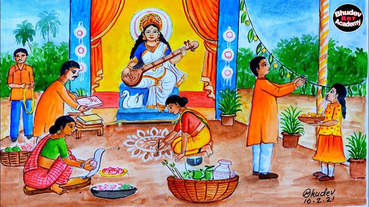 Saraswati Puja Drawing|Saraswati Puja Celebration Drawing With Watercolor|Saraswati Puja Painting