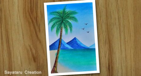 Sea beach scenery drawing with oil pastel, Oil pastel drawing for beginners, Mountain drawing