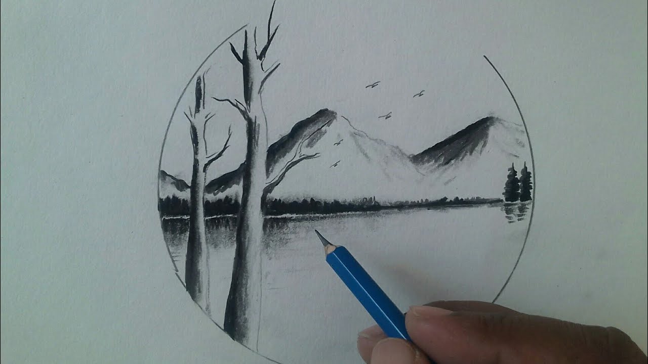 Simple scenery drawing having tree and mountains / pencil shading ...