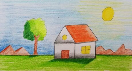 Dessin de paysage facile pour les enfants et les débutants | Beau dessin de maison et de nature