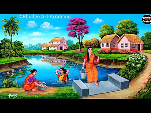 Indian Village Women Painting|Beautiful Indian Village Scenery Painting With Earthwatercolor