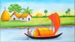 How to draw Landscape || Scenery of beautiful nature || village scenery with oil pastel