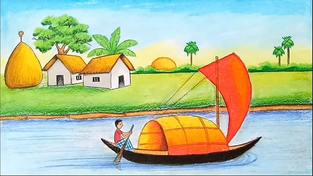 How to draw Landscape || Scenery of beautiful nature || village scenery with oil pastel