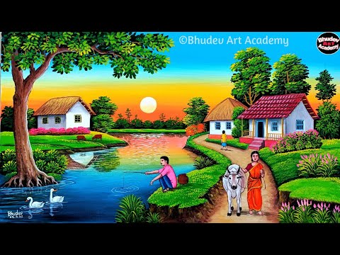 Beautiful Village Landscape Scenery Painting Tutorial|Village Scenery Painting With Earthwatercolor