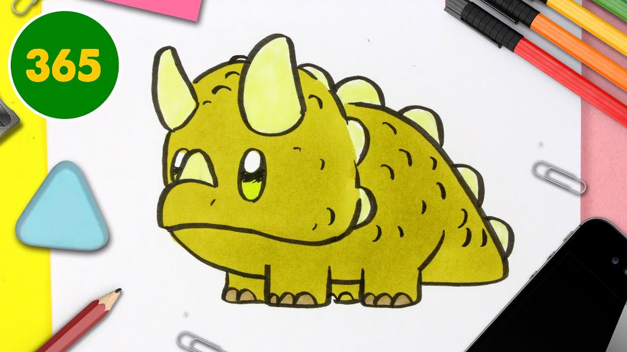 COMMENT DESSINER UN DINOSAURE KAWAII - dessins kawaii faciles - Comment dessiner un tricératops