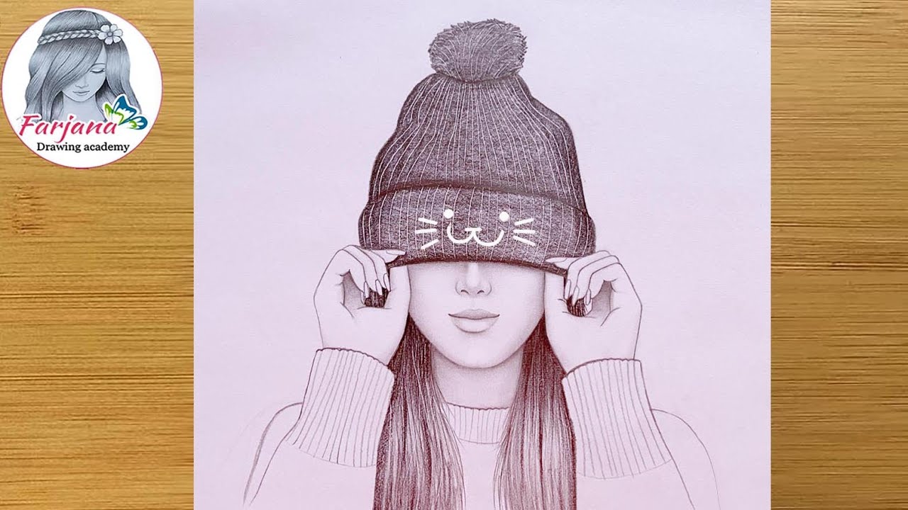 Easy way to draw a cute girl wearing winter cap - pencil sketch for beginners ||  step by step