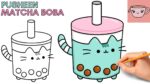 How To Draw Pusheen Cat - Matcha Boba Bubble Tea | Cute Easy Step By Step Drawing Tutorial
