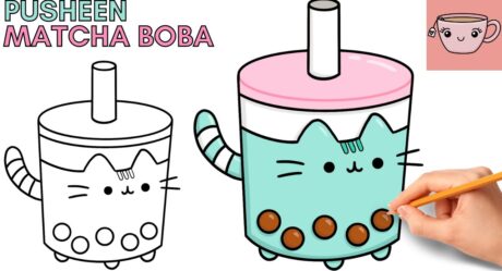 How To Draw Pusheen Cat – Matcha Boba Bubble Tea | Cute Easy Step By Step Drawing Tutorial