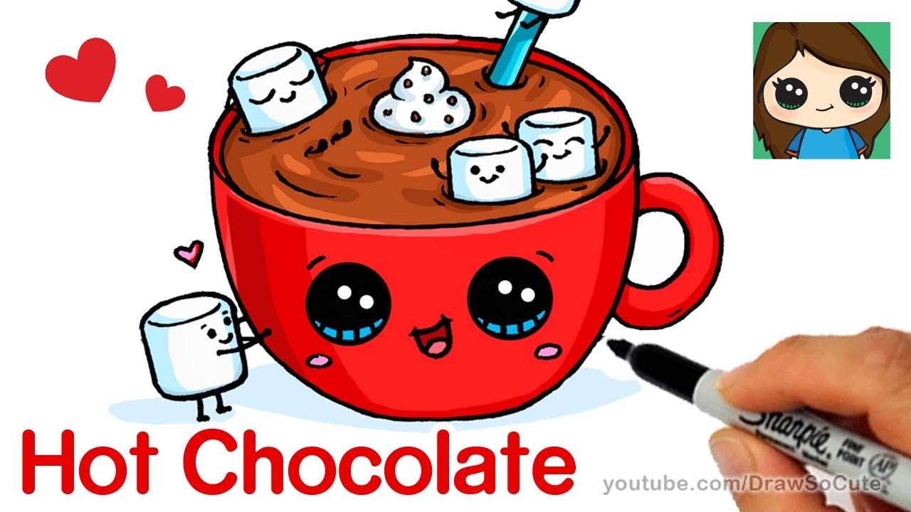 How to Draw Hot Chocolate with Marshmallows - Cartoon Food