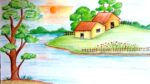 How to Draw a Simple Village Scenery | Step by step drawing of Scenery with colour pencil