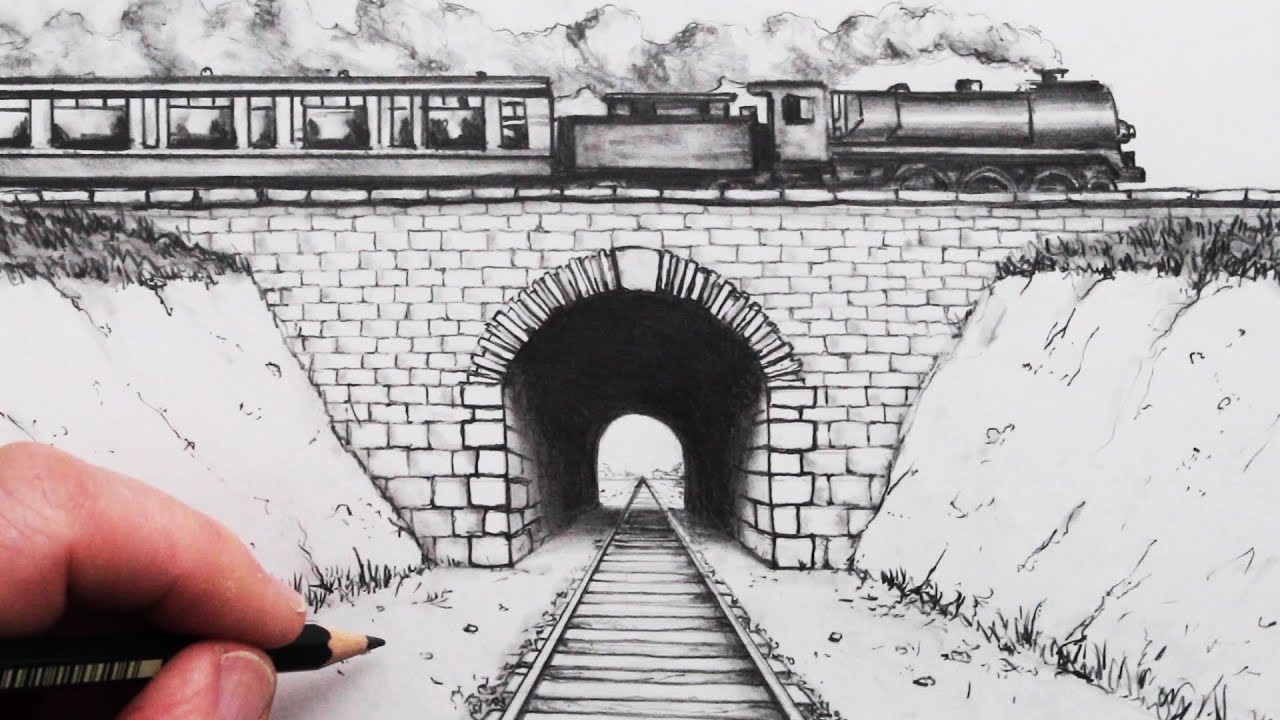 How To Draw Using 1 Point Perspective Train Track And Tunnel 4896