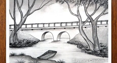 How to draw Bridge Scenery with pencil step by step, Pencil drawing for beginners