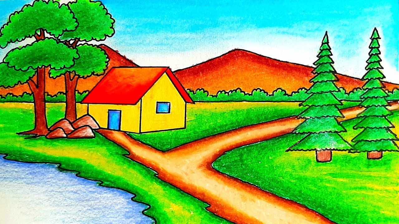 How to draw easy scenery | Drawing beautiful village scenery step by step with pencil sketch