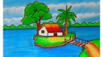How to draw easy scenery drawing with oil pastel and riverside scenery drawing
