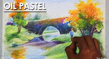 Oil Pastel Landscape Drawing : A River is Flowing beneath A Culvert