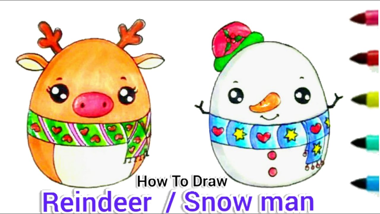 Reindeer & Snowman  Squishymallows Drawing |How To Draw A Reindeer and snowman Easy