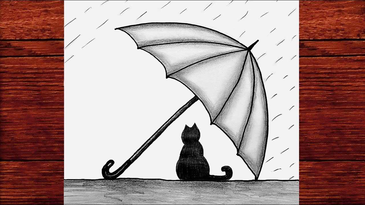 Şemsiye ve Kedi Çizimi - Karakalem Şemsiyeli Kedi Resimi - Kolay Karakalem Çizimler 2023