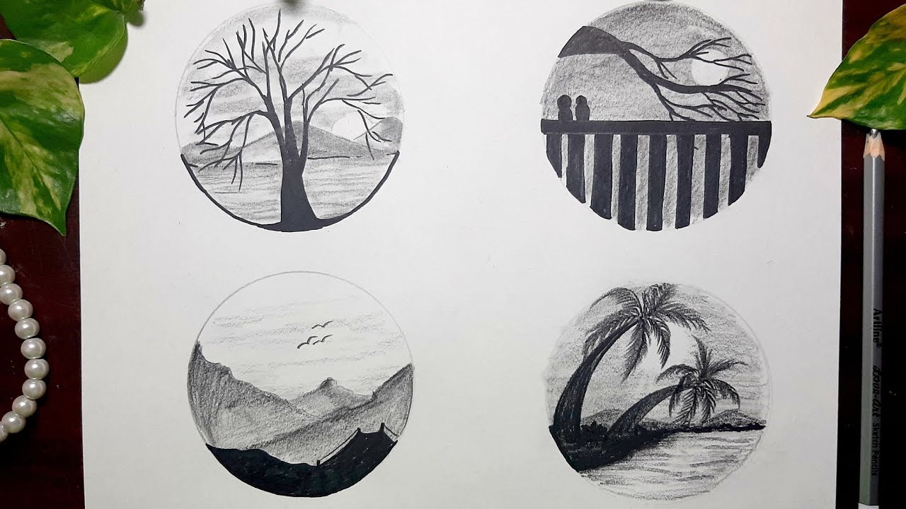 4 Easy pencil sketch scenery drawing - Landscape scenery