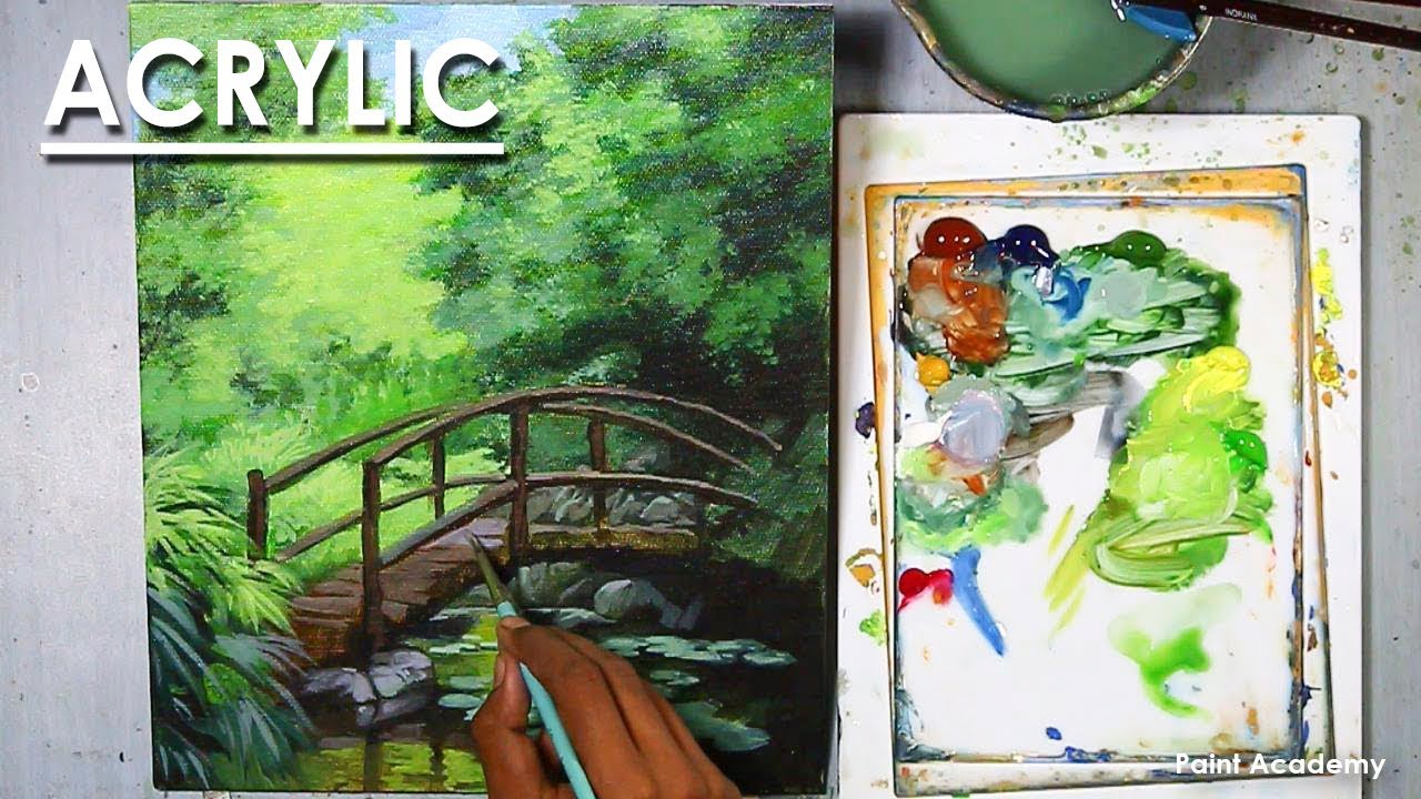 Acrylic Painting : A Wooden Bridge in the Forest