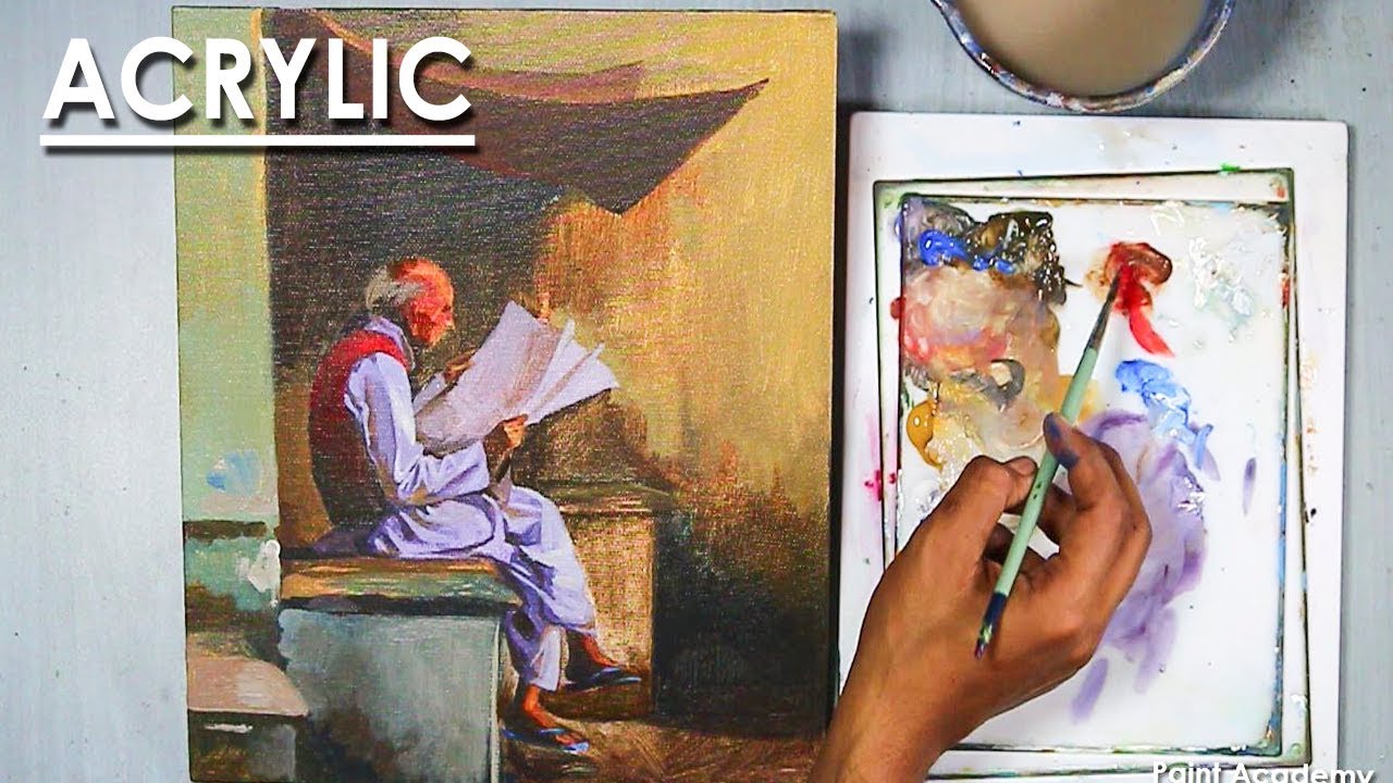 Acrylic Painting : An old man reading newspaper | Figure painting