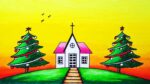 Christmas Day Special Drawing | How to Draw Church and Christmas Tree With Oil Pastel