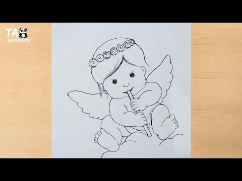 Cute angel baby sitting on a clouds pencil drawing@Taposhi arts Academy