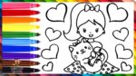 Dibuja y Colorea A Una Niña Con Un Gatito  Dibujos Para Niños