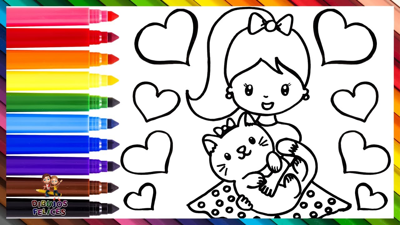 Dibuja y Colorea A Una Niña Con Un Gatito  Dibujos Para Niños