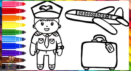 Draw and Color An Airplane Captain With Accessories Drawings For Kids