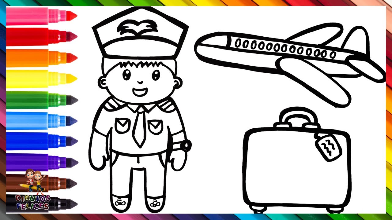 Dibuja y Colorea Un Capitán De Avión Con Accesorios   Dibujos Para Niños