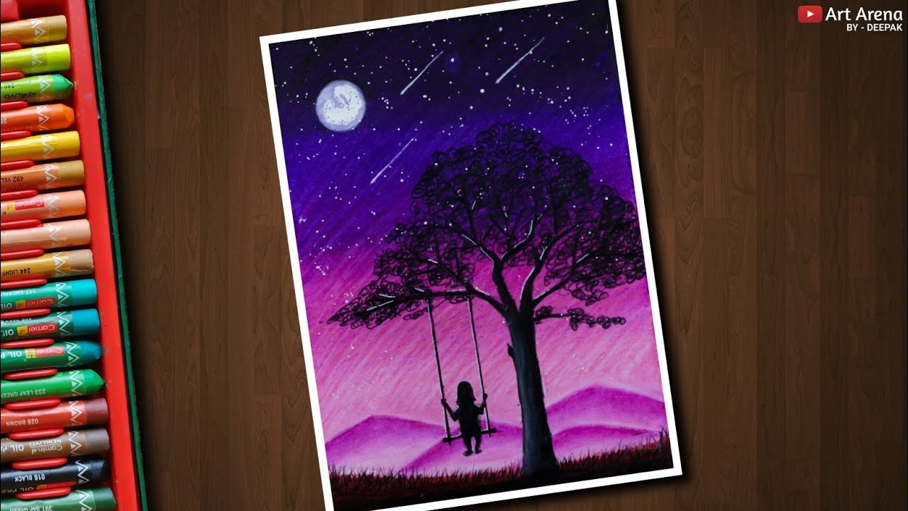 Girl on Swing Scenery Drawing with Oil Pastels - step by step