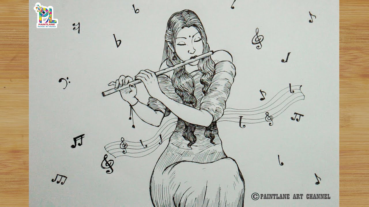 Girl with flute pencil sketch and pen drawing || Easy pen shading