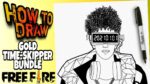 HOW TO DRAW FREE FIRE GOLD TIME-SKIPPER BUNDLE | STEP BY STEP | como dibujar la skin viajero dorado