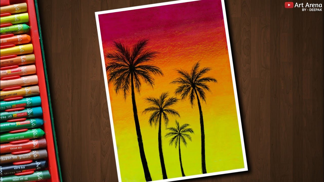 Happy Palm Trees drawing for beginners with Oil Pastels - step by step