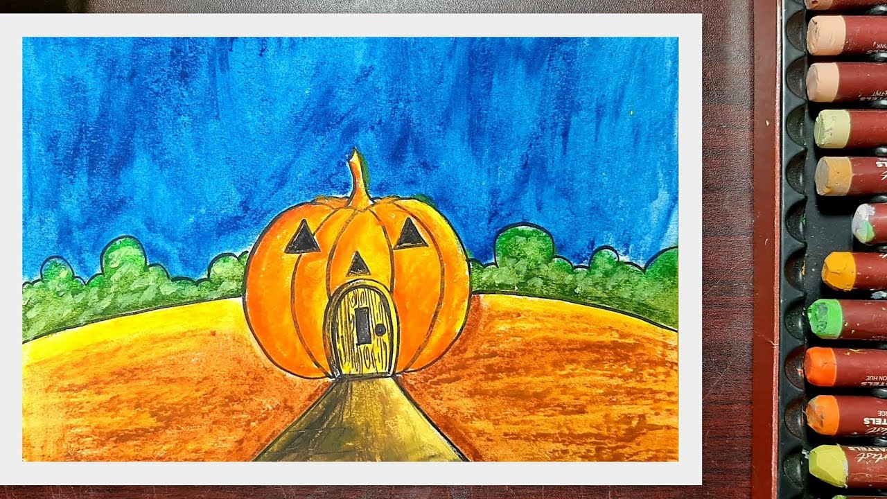 Haunted House Scenery Drawing with Oil Pastels for Beginners