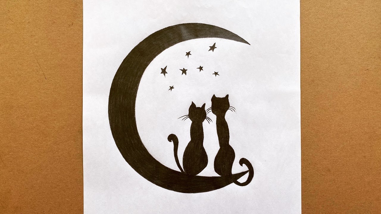 How To Draw Cats Sitting On Moon - Pencil Sketch || çizim ay üzerinde oturan kedi