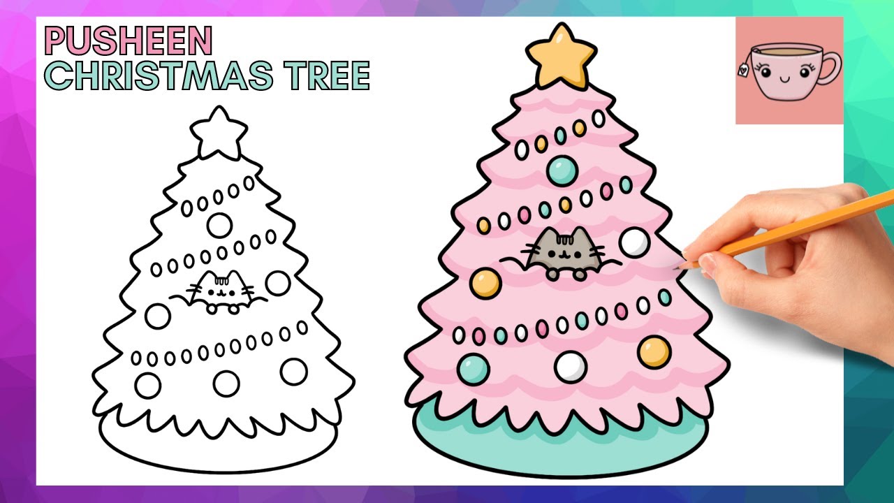 How To Draw Cute Easy Christmas Tree With Pusheen Cat Hiding In It | Step By Step Drawing Tutorial