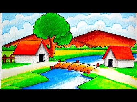 How To draw Scenery 24 | Village Drawing-Drawing landscape easy beautiful | easy drawing
