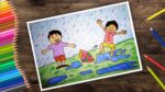 How to Draw Rainy Season drawing easy | Boys playing in Rain