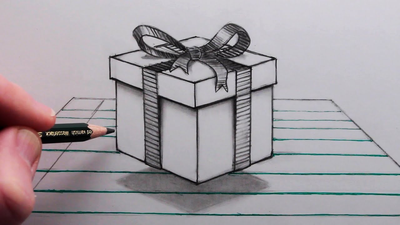How to Draw a Floating Gift Box 3d Trick Art on Line Paper