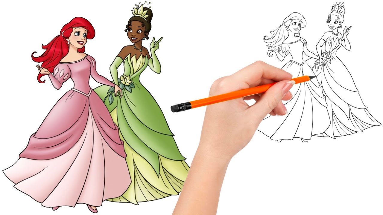 How to draw - Princesses Ariel and Tiana are ready for the ball