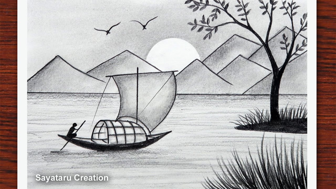 How to draw Sunset with pencil, Pahar and River Side scenery drawing
