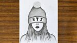How to draw a cute girl with BTS cap || Beautiful girl drawing easy step by step || Drawing of girl