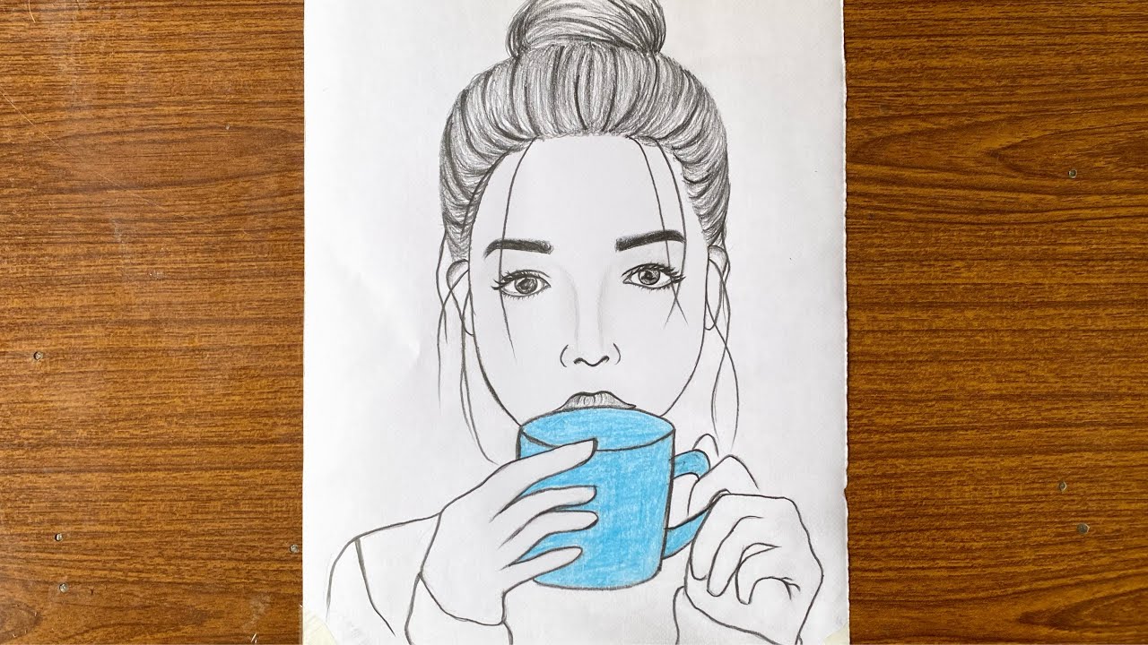 How to draw a girl with a cup of coffee // How to draw a beautiful girl easy way // Girl drawing