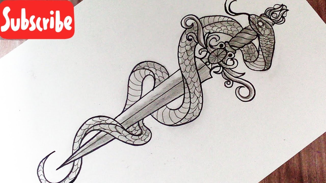 How to draw a sword with snake || sword tattoo drawing